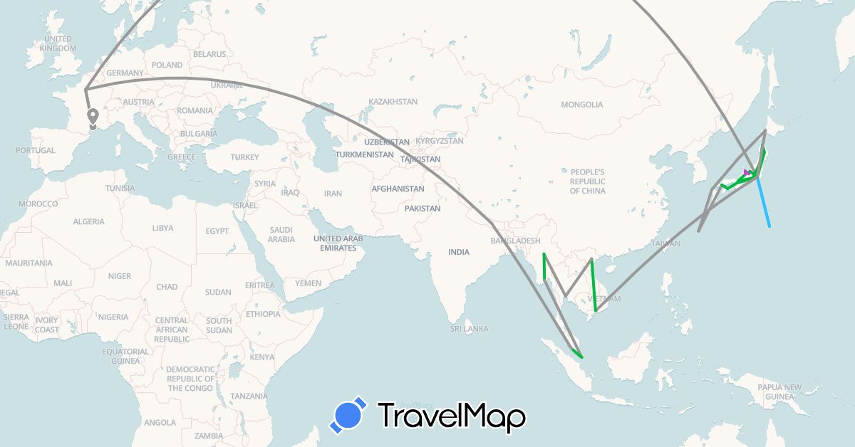 TravelMap itinerary: driving, bus, plane, train, boat in France, Japan, Myanmar (Burma), Malaysia, Nepal, Singapore, Thailand, Vietnam (Asia, Europe)